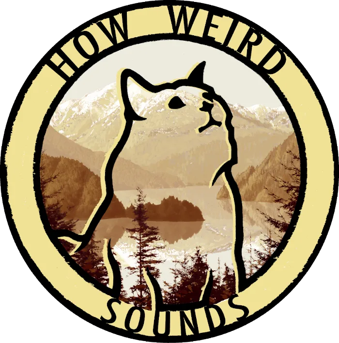 The logo for How Weird Sounds. It is a black circle with gold trim. There is an outline of a cat in the centre.